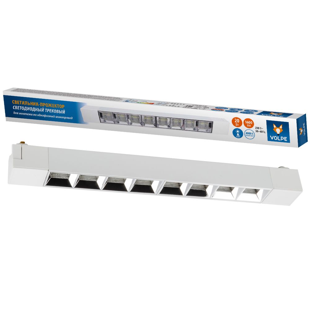 ULB-Q282 20W-4000K WHITE Светильник-прожектор светодиодный трековый. Линейный. 1600 Лм. Белый свет 4000К. Корпус белый. ТМ Volpe