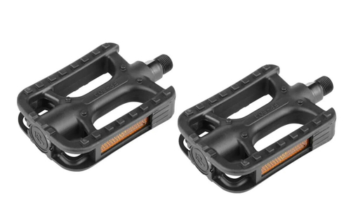 Педали FP-804 Feimin, для дорожных велосипедов, со светоотражателями, пластиковые, ось диам. 9/16" из борированной стали, размер 113 х 78 мм, вес пары 336 г, чёрные