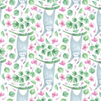 Милые ленивцы на ветвях. Тропические растения. Листья пальмы, розовые цветы