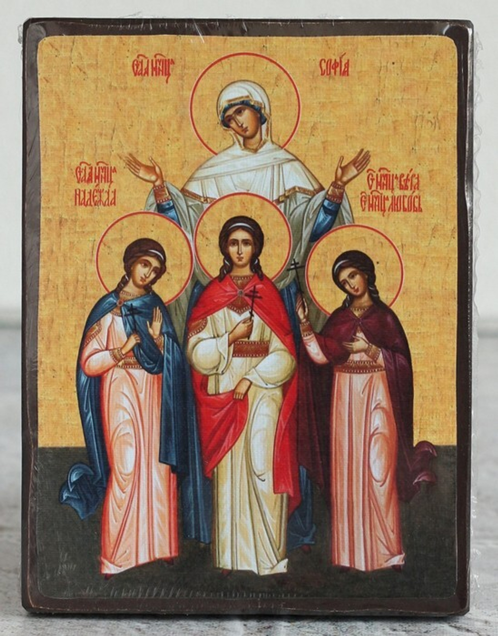 Икона под старину А5. Дерево, холст (святые жены)