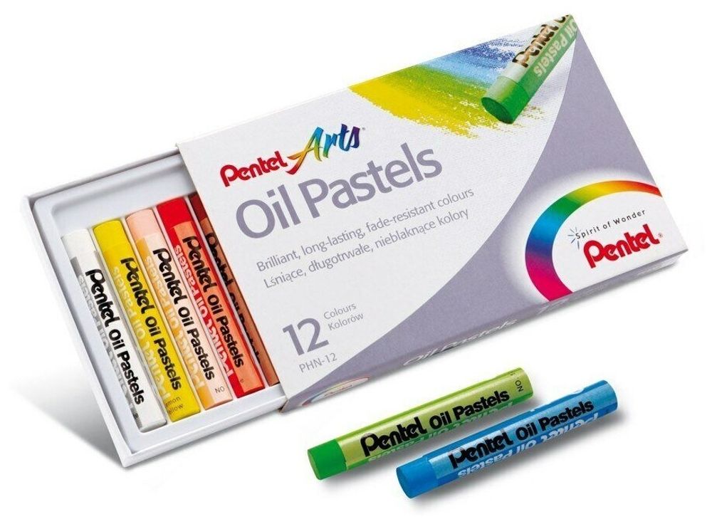 Пастель масляная художественная PENTEL "Oil Pastels", 12 цветов, круглое сечение, картонная упаковка, PHN4-12