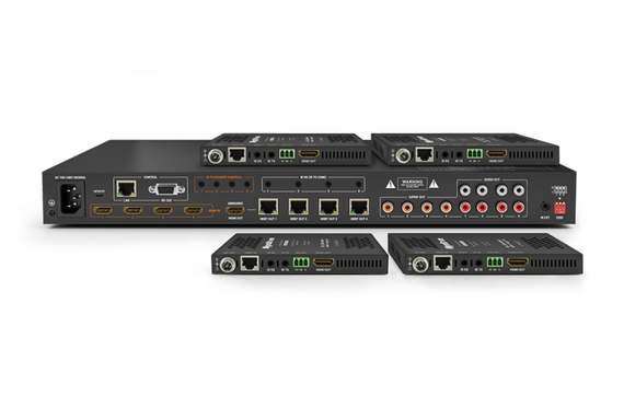 Wyrestorm MXV-0404-H2A-KIT - комплект из матричного коммутатора 4х4 HDBaseT портов cо встроенным де-эмбеддером аудио с 4 приемниками по витой паре до 70 м, 4К@60 4:4:4 (35 м), поддержка HDMI2.0, HDCP2.2, PoH.