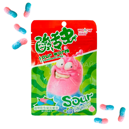 Мармелад кислый червячок Wisichi Sour Worm вкус черника и персик 20 г