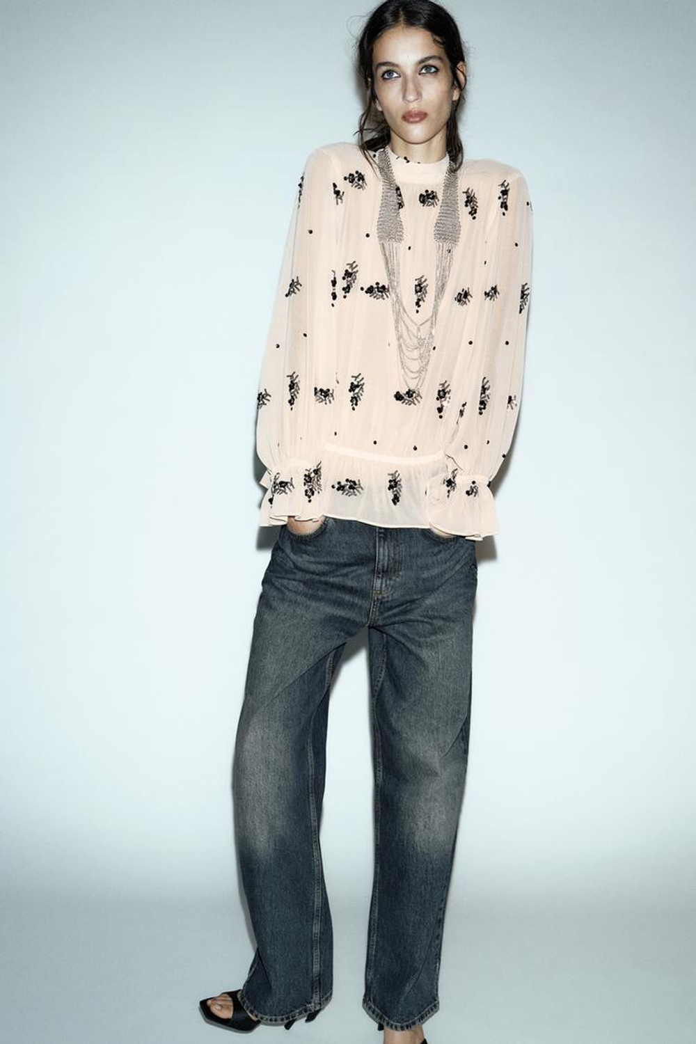 ZARA ПОЛУПРОЗРАЧНАЯ БЛУЗА С ПАЙЕТКАМИ, РАЗНОЦВЕТНЫЙ