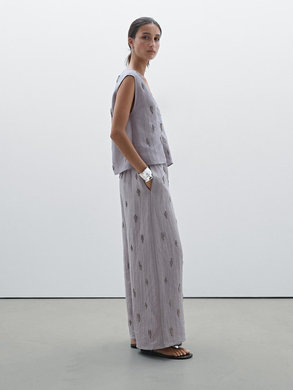 Massimo Dutti Брюки из льняной смеси с вышивкой из бисера, фиолетовый