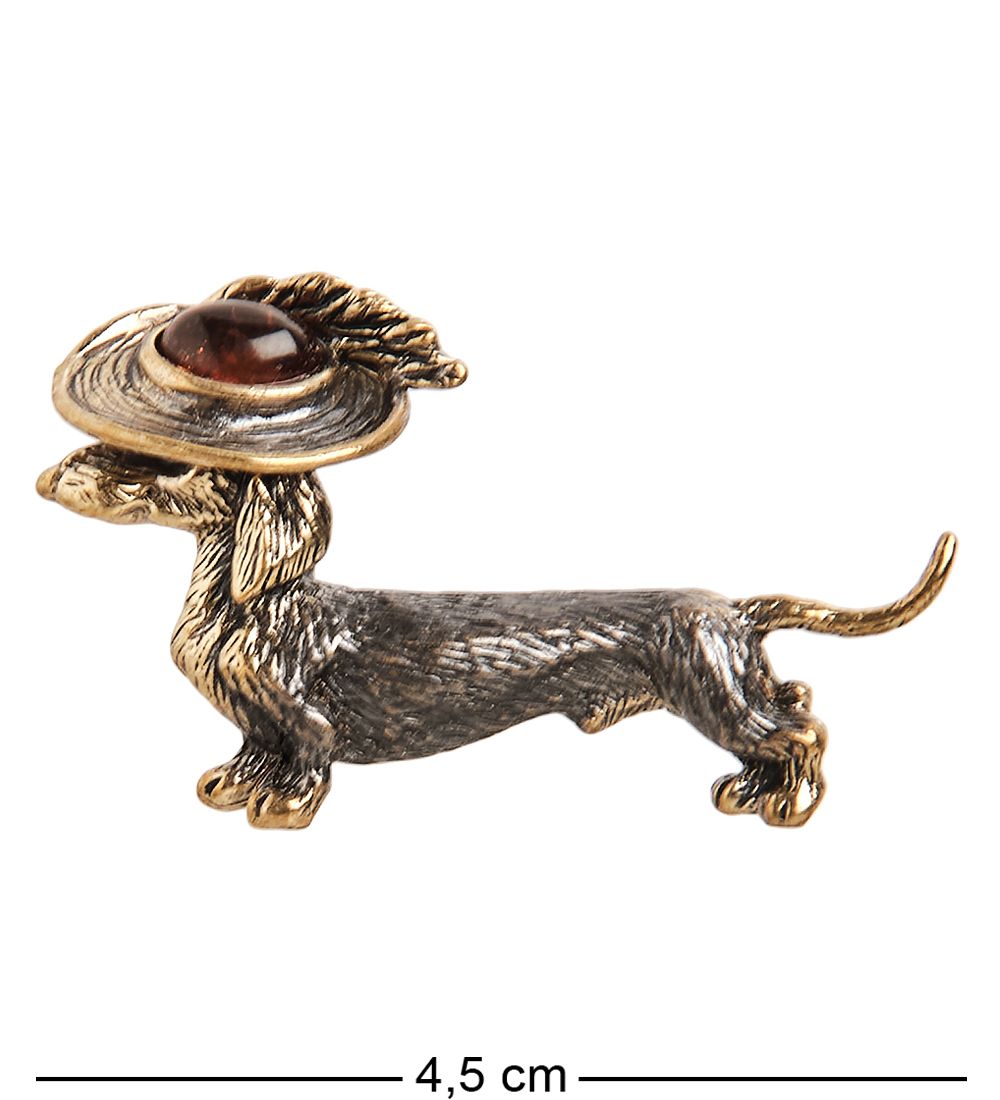 AM-2398 Брошь «Такса Мадам» (латунь, янтарь)