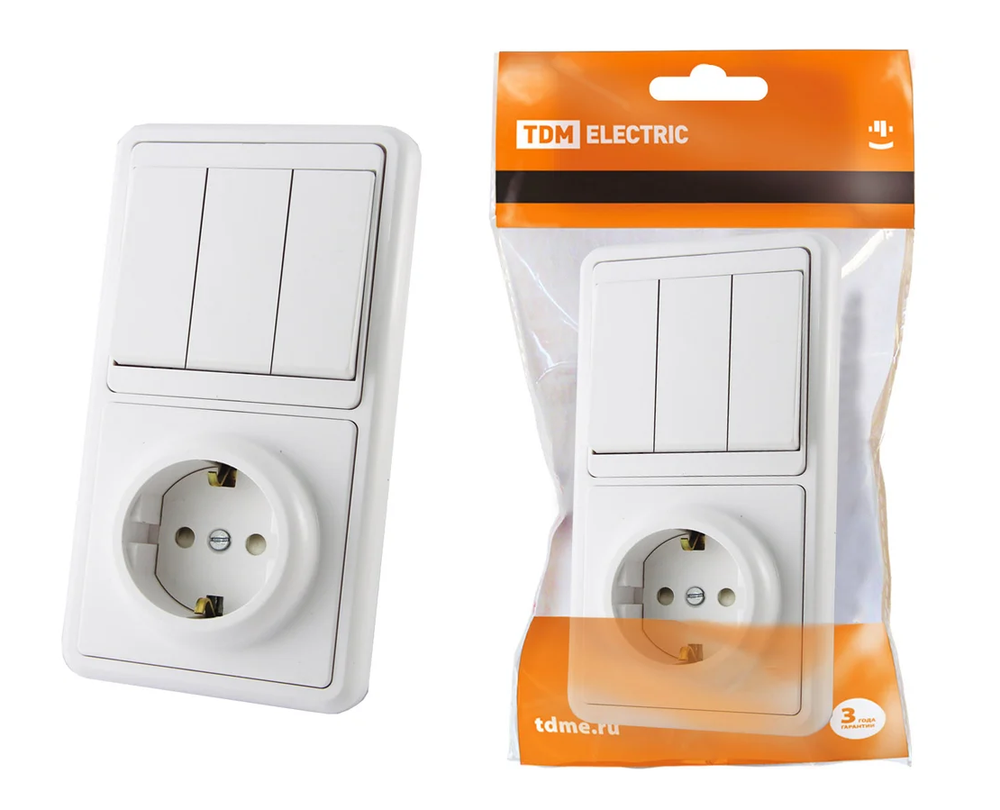 Комбинированный блок TDM ELECTRIC БКВР 3-х клавишный выключатель + розетка, 2П+З, с з/ш SQ1813-0003