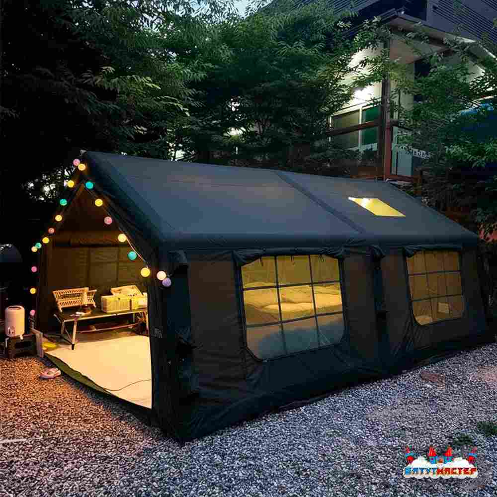 Пневмокаркасная всесезонная палатка «Тёплая Искра» 3,6×4,8×2,2 м — с печкой, из ПВХ, чёрная