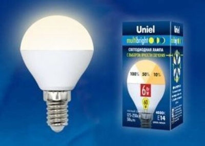 Лампа сд LED-ШАР G45 6Вт 220В Е14 3000К 510Лм с 3-х ступенчатым диммером UNIEL Multibright