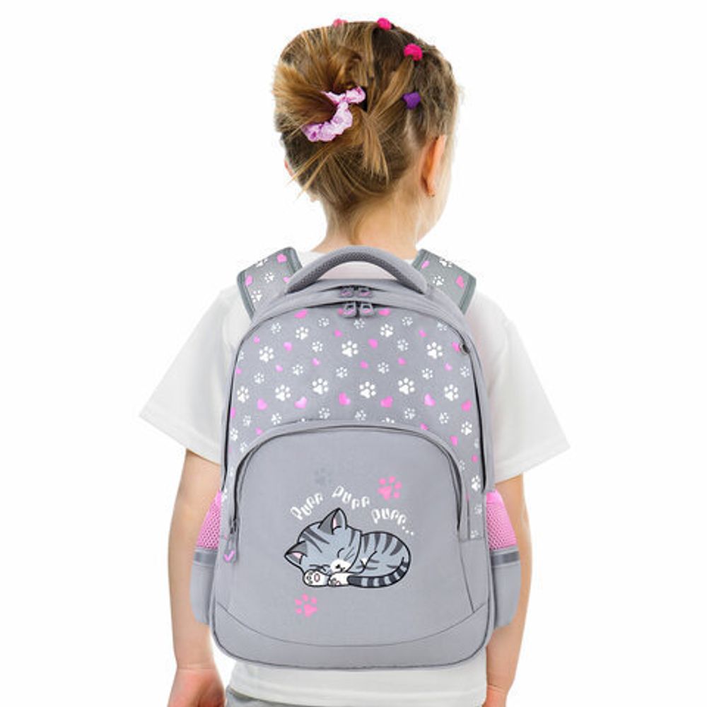 Рюкзак BRAUBERG SOFT, 2 отделения, 3 кармана, "Sleepy cat", СВЕТЯЩИЙСЯ, 40х31х15 см, 272035