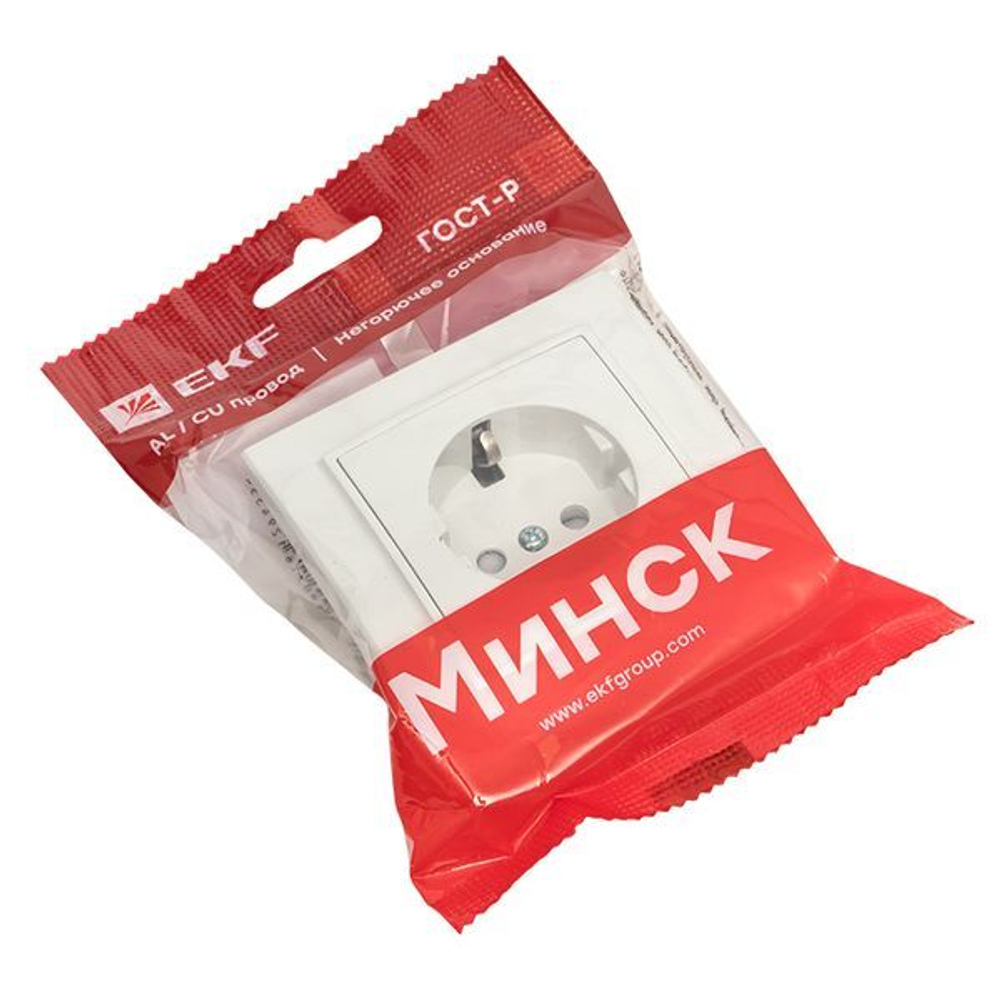 Минск Розетка 1-местная СП с заземлением 16А белая с защ, штор, EKF Basic
