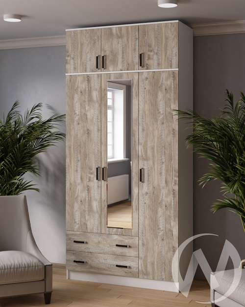 Шкаф комбинированный Лагуна с зеркалом и антресолью (белый с тиснением/дуб юкон)