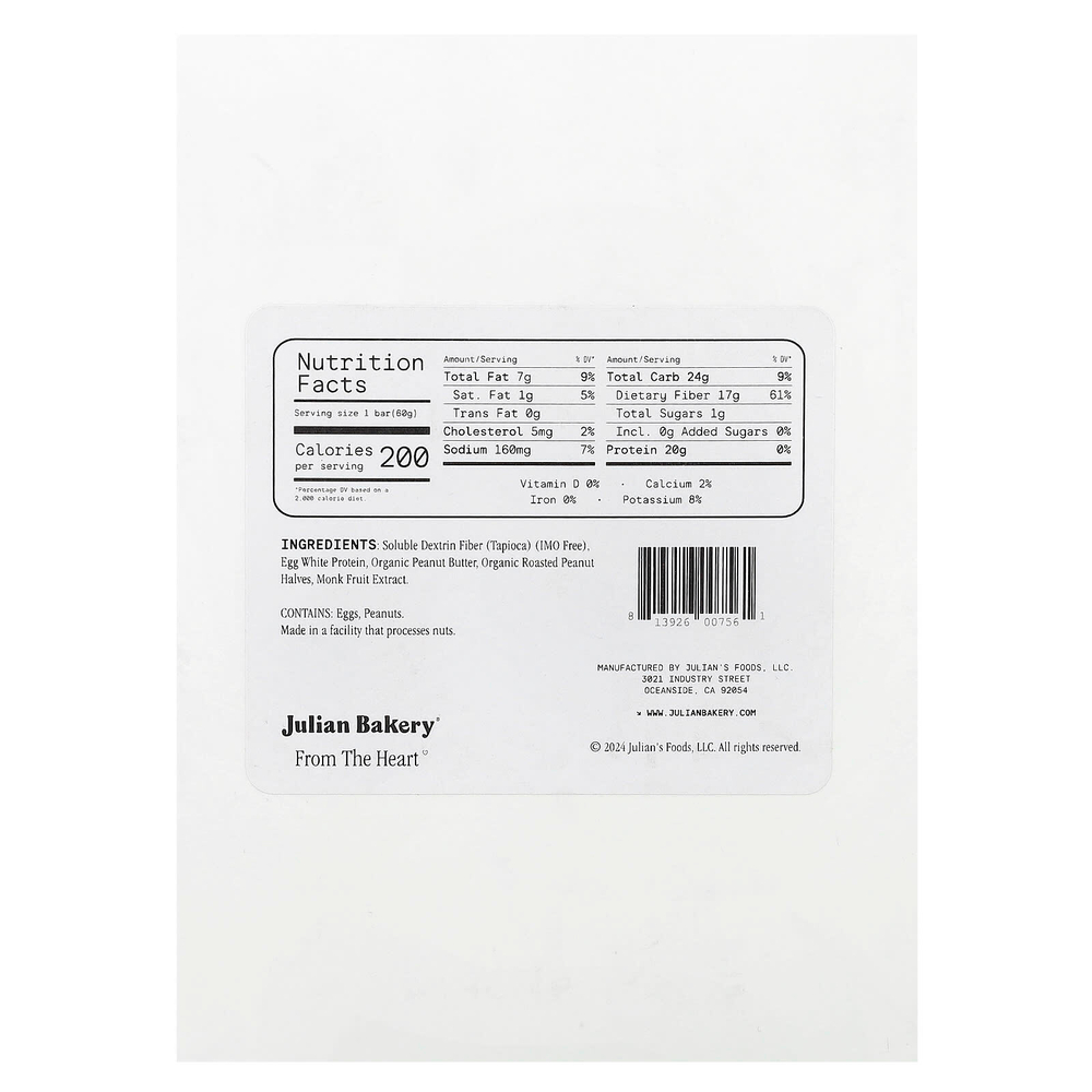 Julian Bakery, Протеиновый батончик из яичного белка, арахисовая паста, 12 батончиков по 60 г