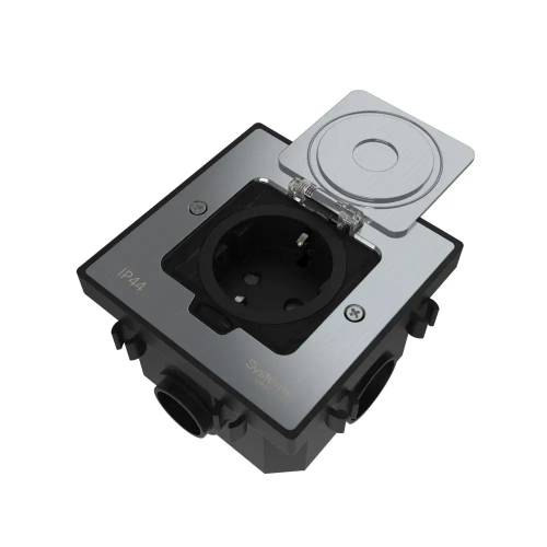 MultiDesk Лючок с розеткой 2К+З, 16А/250В, IP44 с монтажной коробкой для бетонных полов Серебро, тип