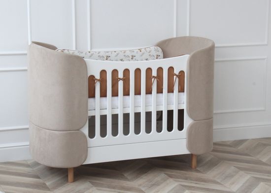 Мягкие бортики для кроватки KIDI soft "Зайчики с грибами" (мокко, сатин)