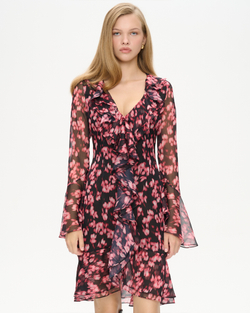 Платье мини из принтованного шифона с воланами