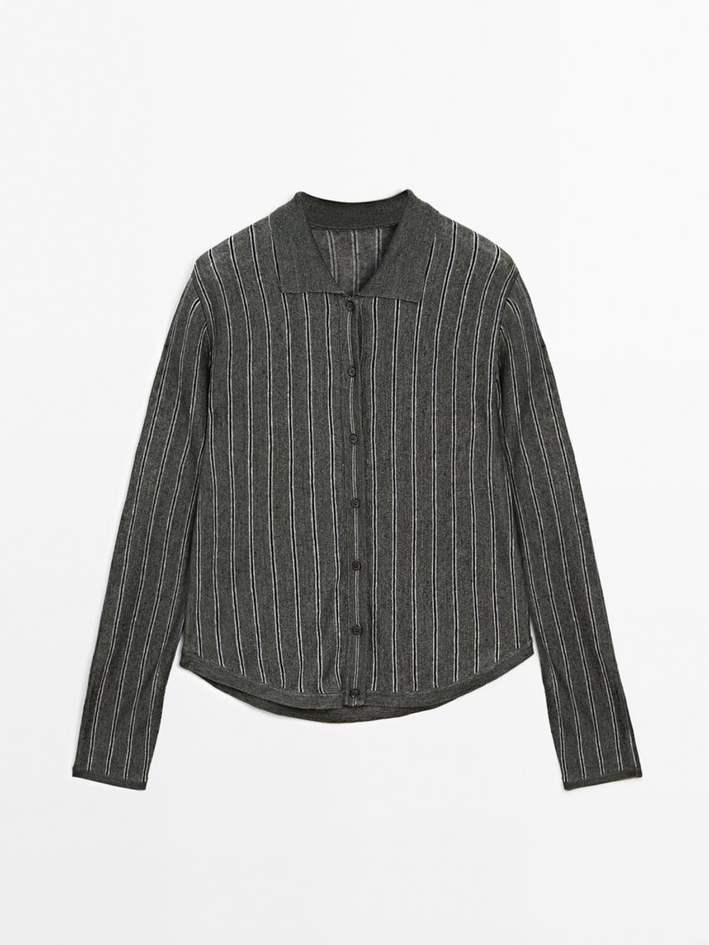 Massimo Dutti Кардиган из 100% льна в полоску, зеленоватый