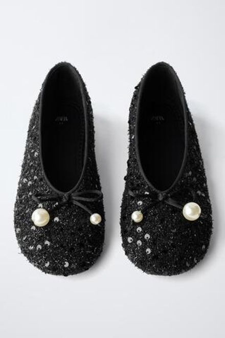 ZARA БАЛЕТКИ С ЖЕМЧУГОМ, ЧЕРНЫЙ