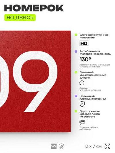 Номер на дверь 409, табличка на дверь для офиса, квартиры, кабинета, аудитории, склада, красная 120х70 мм, Айдентика Технолоджи