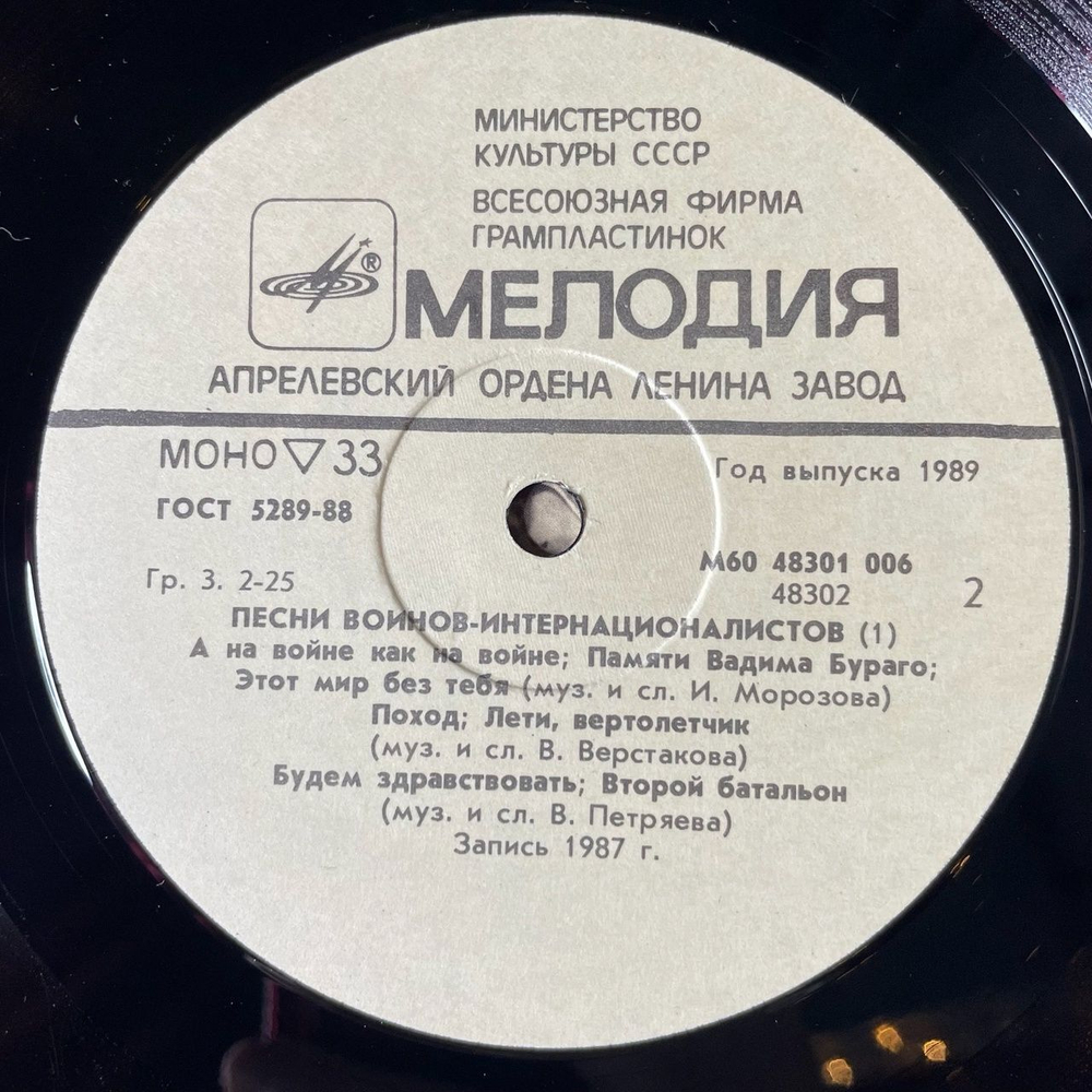 Винтажная виниловая пластинка LP Время Выбрало Нас. Песни Воинов-Интернационалистов 1 (СССР 1988)