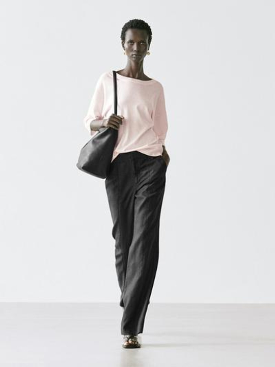 Massimo Dutti Свитер из смешанного хлопка с короткими рукавами, пыльная роза