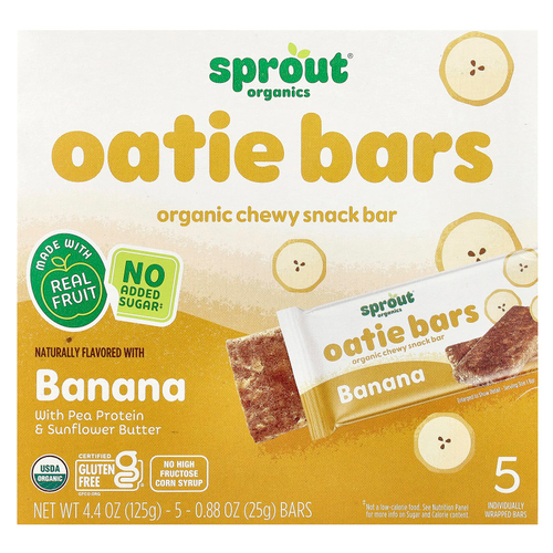 Sprout Organics, Oatie Bars, органические жевательные батончики для детей от 2 лет, с бананами, 5 батончиков, 25 г (0,88 унции)