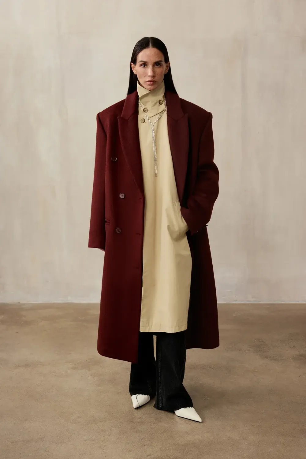 Пальто двубортное (((Power + dressing))), бордовое