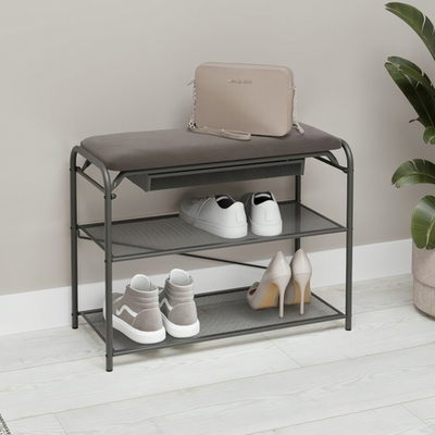 Подставка для обуви 2-х полочная 65 "Гранада 23В_НБК" с сиденьем из ткани нубук и ящиком цвет графит