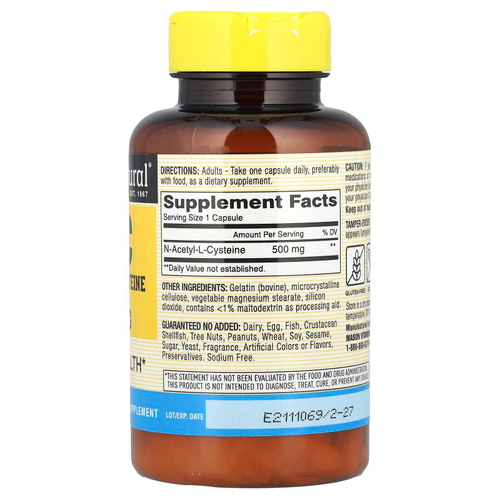 Mason Natural, NAC N-Ацетил-L-цистеин, 60 капсул