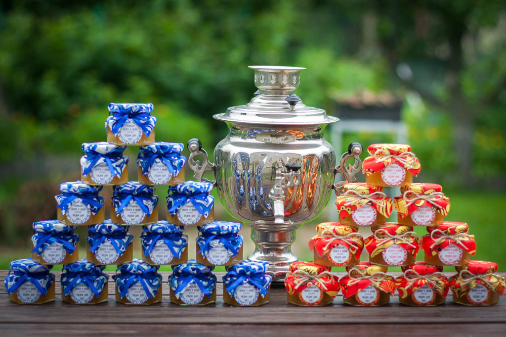 Бонбоньерка с медом на свадьбу, 140 грамм, стиль "Гжель и Хохлома"