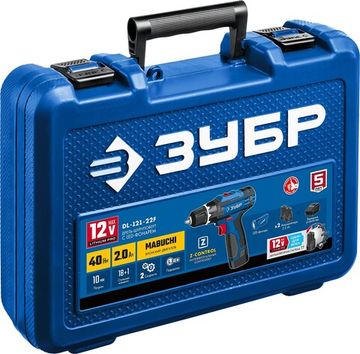 ЗУБР 12 В, 40 Н·м, 2 АКБ тип Т7 (2 А·ч), дрель-шуруповерт + LED фонарь, кейс, Профессионал (DL-121-22)