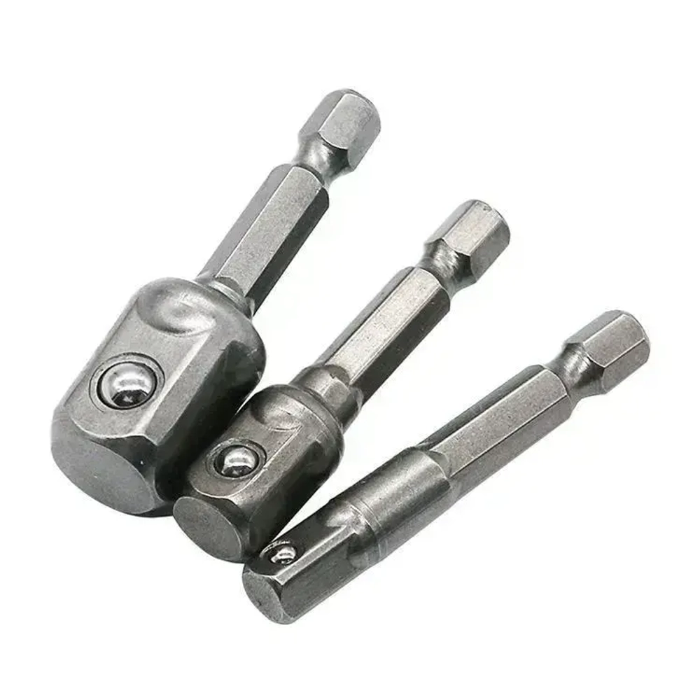 Адаптеры, переходники для шуруповерта под торцевые головки 1/4", 3/8", 1/2", длина 50 мм, комплект 3 шт