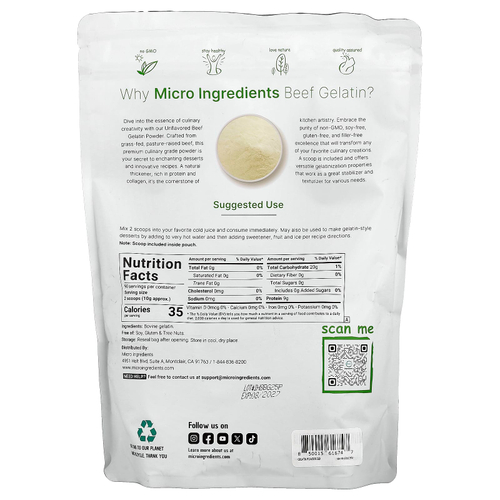 Micro Ingredients, Порошок из говяжьего желатина, без добавок, 907 г (2 фунта)