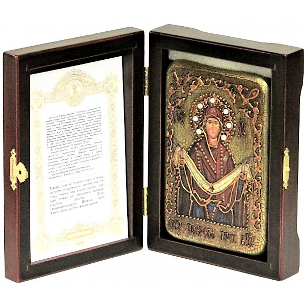 Инкрустированная рукописная икона Образ Божией Матери "Покров" 15х10см на натуральном дереве, в подарочной коробке