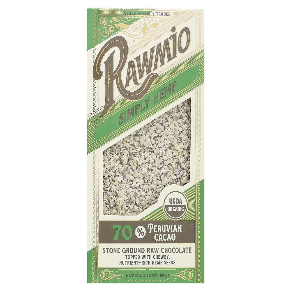 Rawmio, Simply Hemp, шоколадный батончик, 70% перуанского какао, 60 г (2,12 унции)