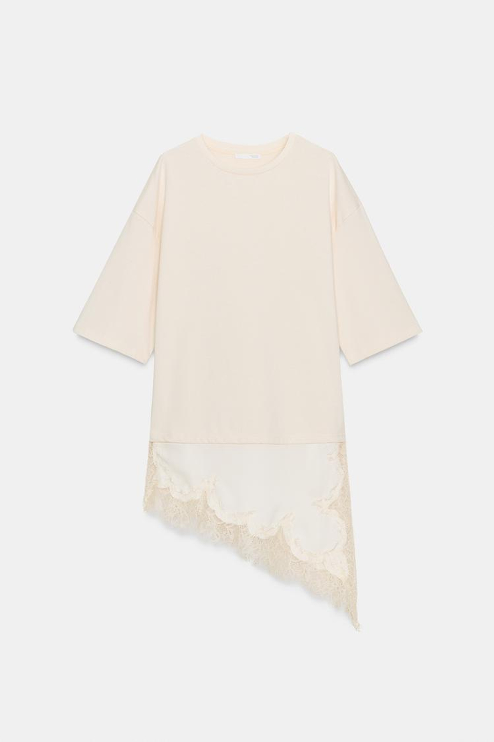 ZARA КОМБИНИРОВАННАЯ ФУТБОЛКА С КРУЖЕВОМ, ЭКРЮ