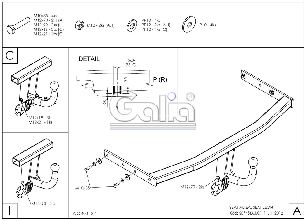 Фаркоп оцинкованный Galia S074A для SEAT Altea 2004-2015, SEAT Leon 2005-2013(паспорт и сертификат в комплекте)(без электрики)