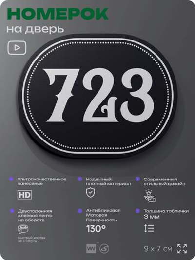 Номерок на дверь квартиры 723, для кабинета, офиса, шильдик 9 х 7 см, черный, Айдентика Технолоджи