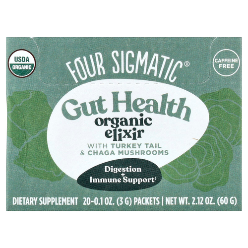 Four Sigmatic, органический эликсир для здоровья кишечника, с трутовиком разноцветным и грибом чага, без кофеина, 20 пакетиков по 3 г (0,1 унции)