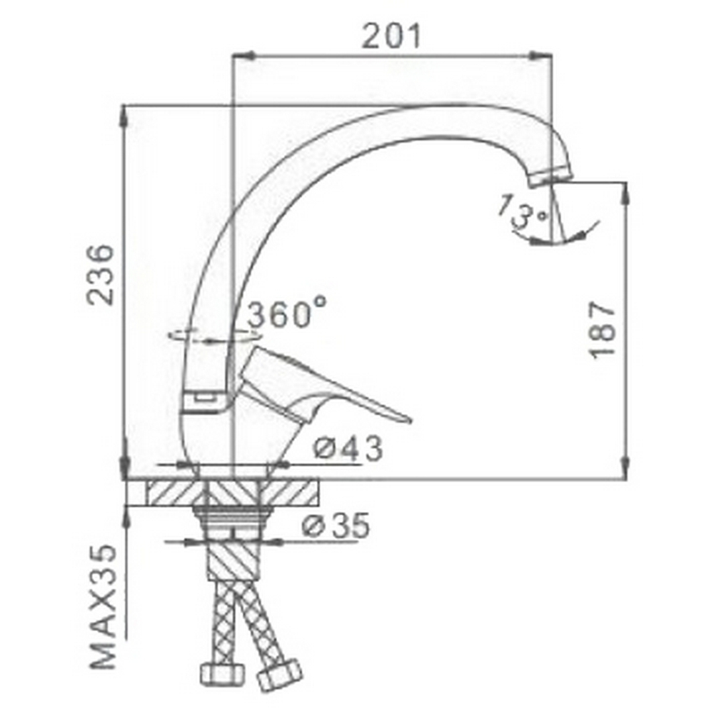 Смеситель для кухни 40к F4128-2 FRAP с отв бок.ручка (выс.пов. излив, хром, п/гайку, силумин)
