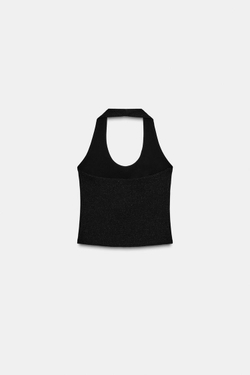 ZARA ЭЛАСТИЧНЫЙ ТОП ХАЛТЕР С БЛЕСКОМ, ЧЕРНЫЙ