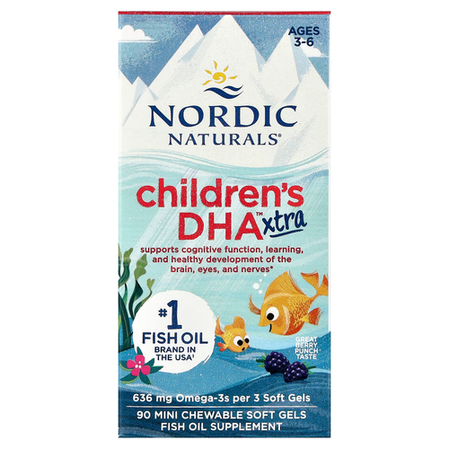 Nordic Naturals, Children's DHA Xtra, для детей от 3 до 6 лет, ягодный вкус, 636 мг, 90 мини-таблеток