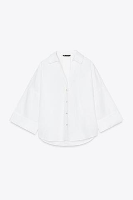 ZARA РУБАШКА ИЗ СМЕСОВОГО ЛЬНА С ШИРОКИМИ РУКАВАМИ, БЕЛЫЙ