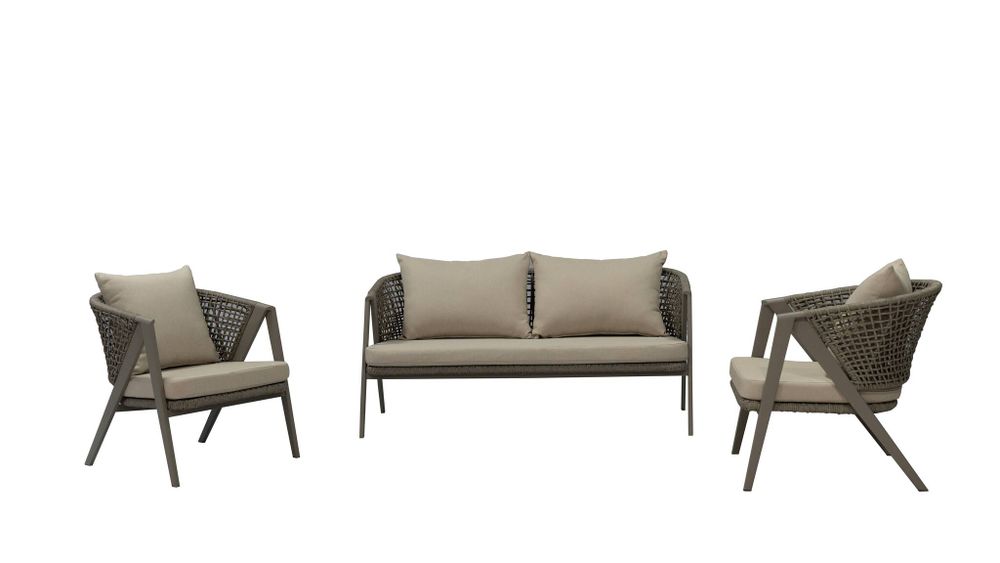 "Амстердам" диван 2-местный плетеный из роупа, каркас алюминий, роуп серый круглый, ткань бежевая