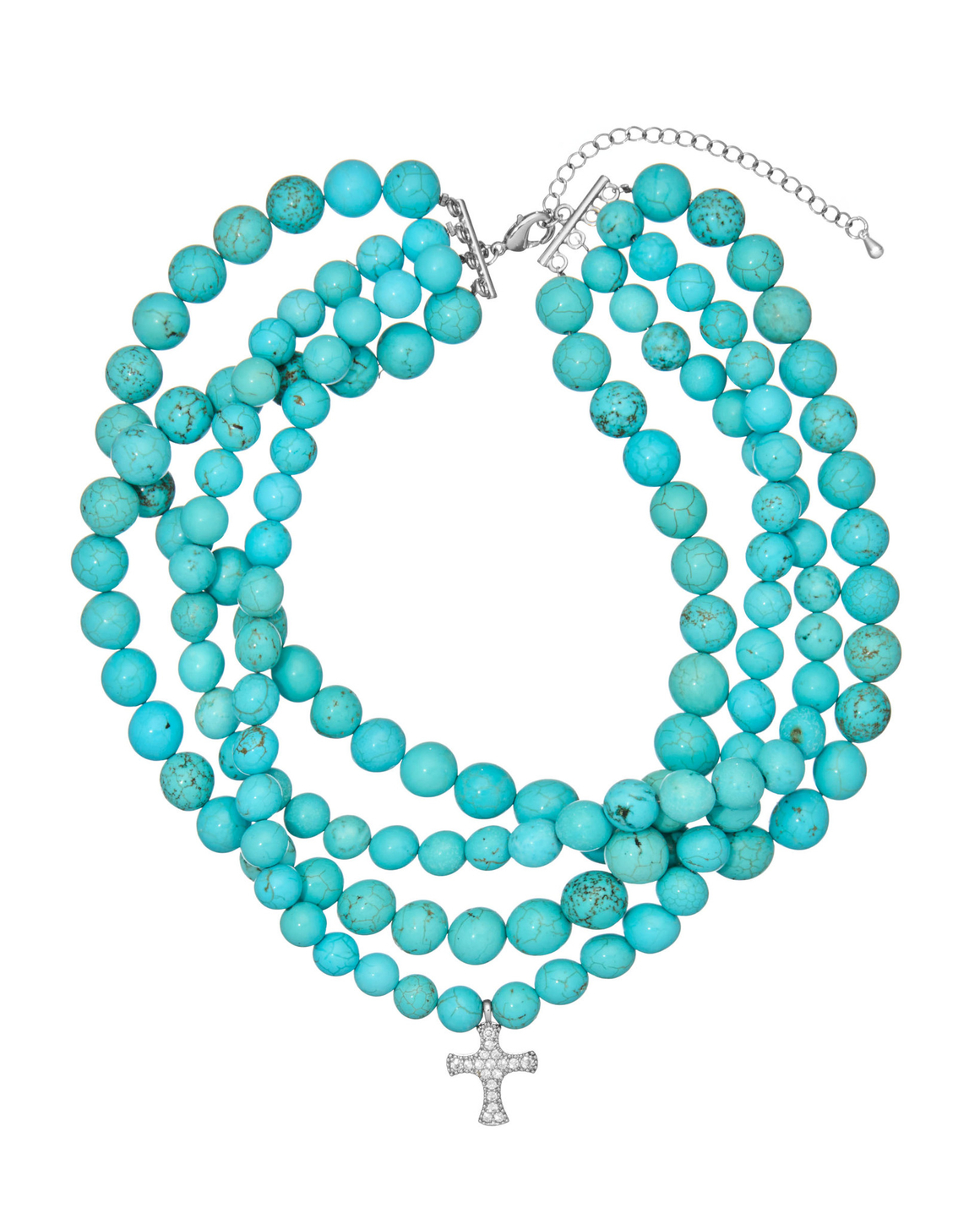 Колье бирюза разного размера, 4 ряда, крест россыпь циркониев