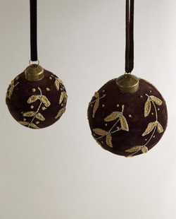 ZARA HOME НАБОР ЕЛОЧНЫХ УКРАШЕНИЙ В ФОРМЕ БАРХАТИСТОГО ШАРА С ЛИСТЬЯМИ, КОРИЧНЕВЫЙ