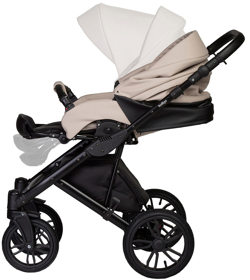 Детская коляска Indigo Mio Eco 3 в 1 с автокреслом Avionaut Cosmo Beige 04 черная кожа+св.бежевая кожа