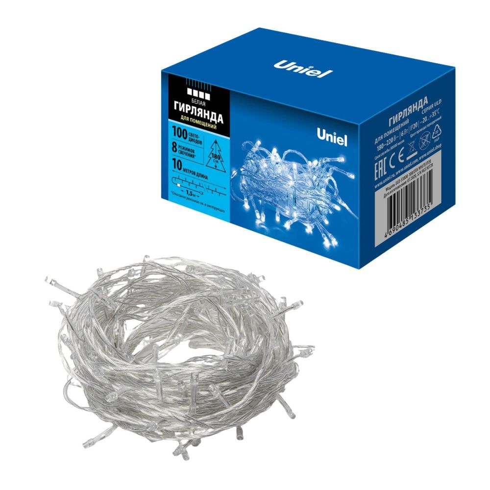 ULD-S1000-100/DTA WHITE IP20 Гирлянда светодиодная, 10м. 100 светодиодов. Белый свет. Провод прозрачный. ТМ Uniel