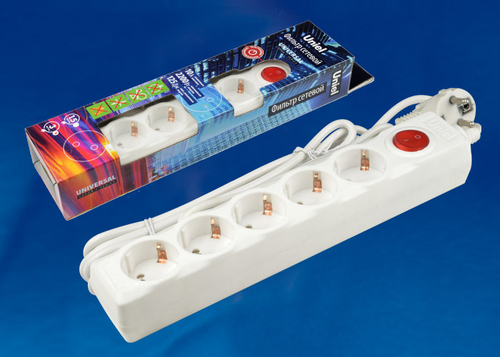 S-GSU5-3 WHITE Cетевой фильтр серии Universal, 3м (Пвс 3*0,75), 5 гнезд, с/з. 10А. Защита от перенапряжения, короткого замыкания. TM Uniel.