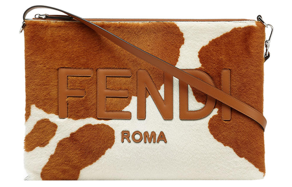 FENDI Sheep Wool Clutch Laptop Bag Men"s Brown/White